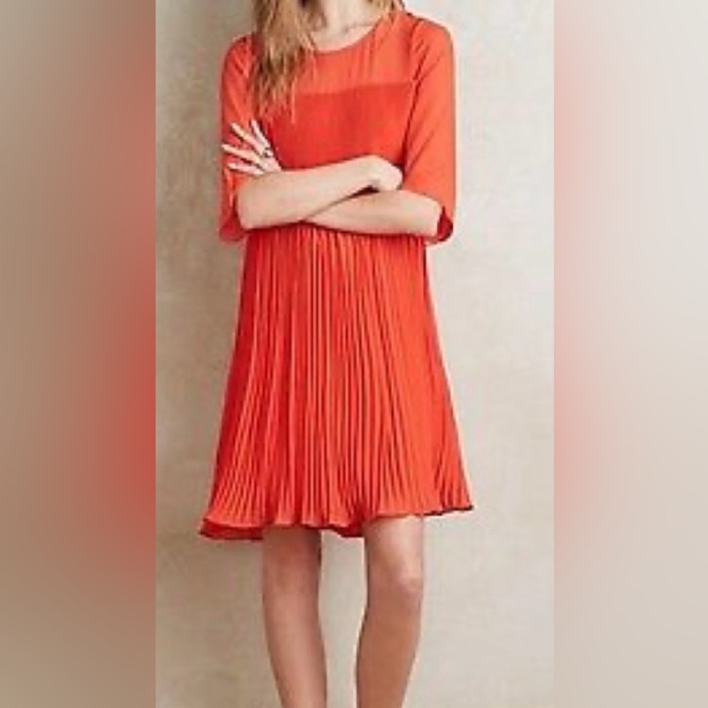Maeve Pleated Shift Dress Orange Sheer Short Sleeve Mini Size 4 Anthropologie